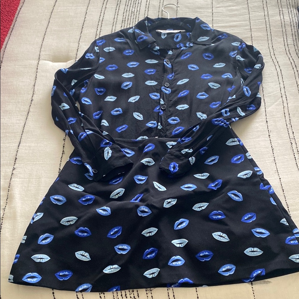 Zara Black Button Down Shirt and Skirt with Blue Lip Print
